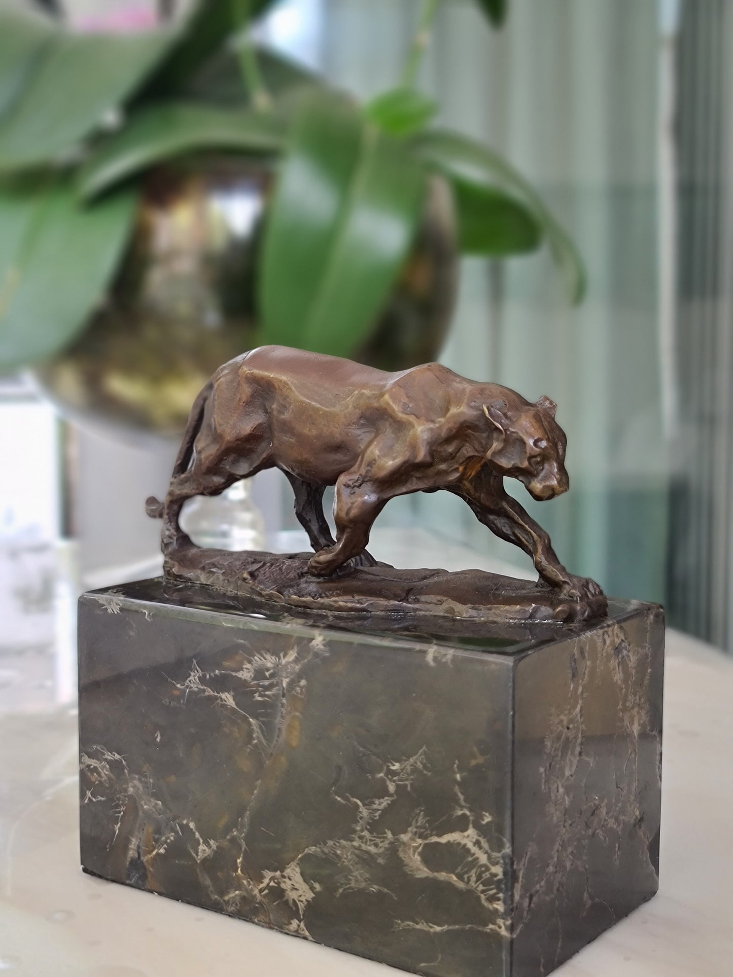 Leopard Cougar Bronze Sculpture On Marble Base