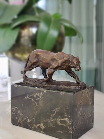 Leopard Cougar Bronze Sculpture On Marble Base