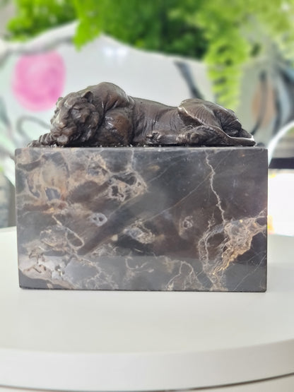 laying Tiger Bronze Sculpture on Marble Base
