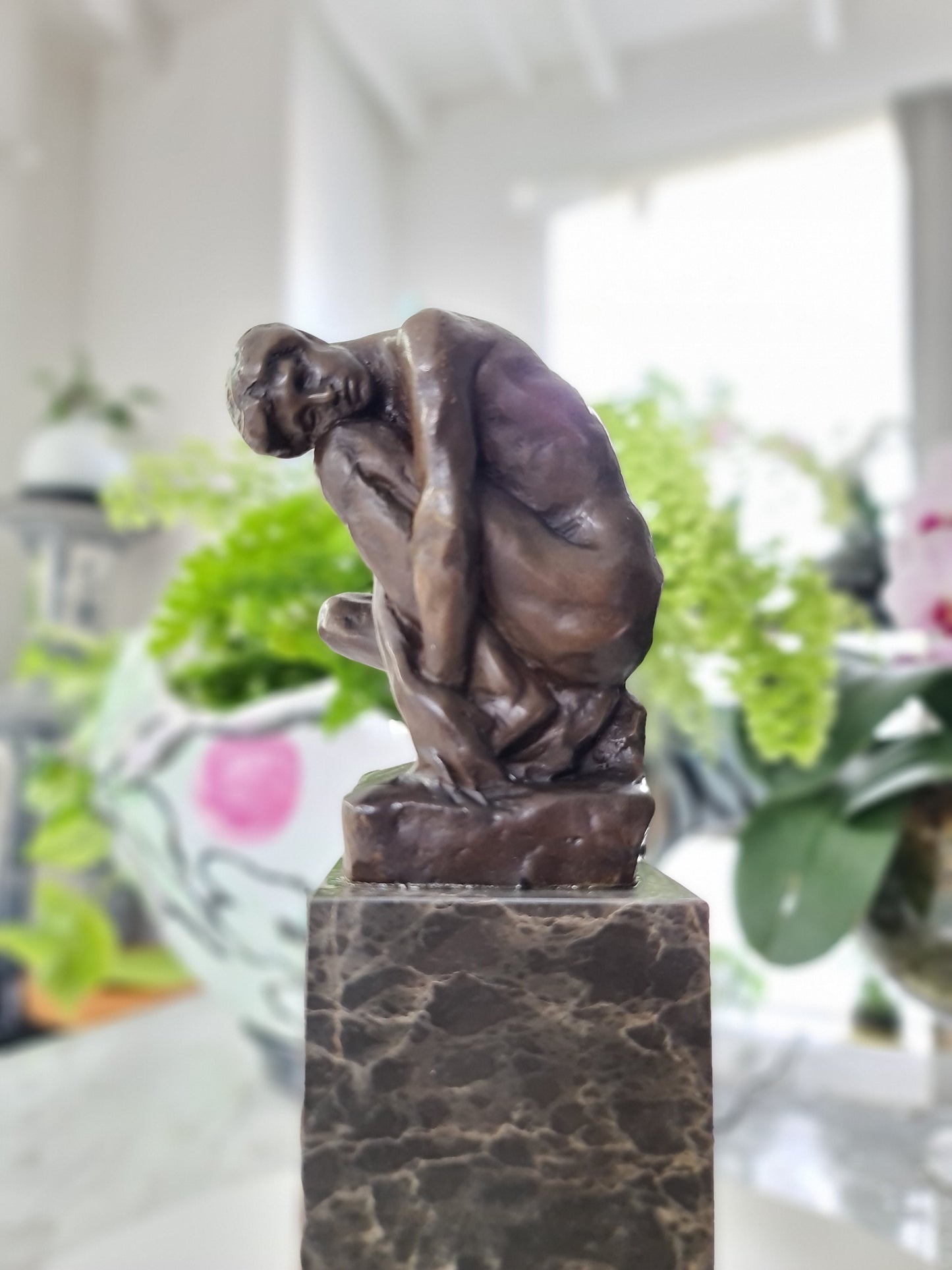 Nude  Male Seated Man, Style of Rodin On Marble Base