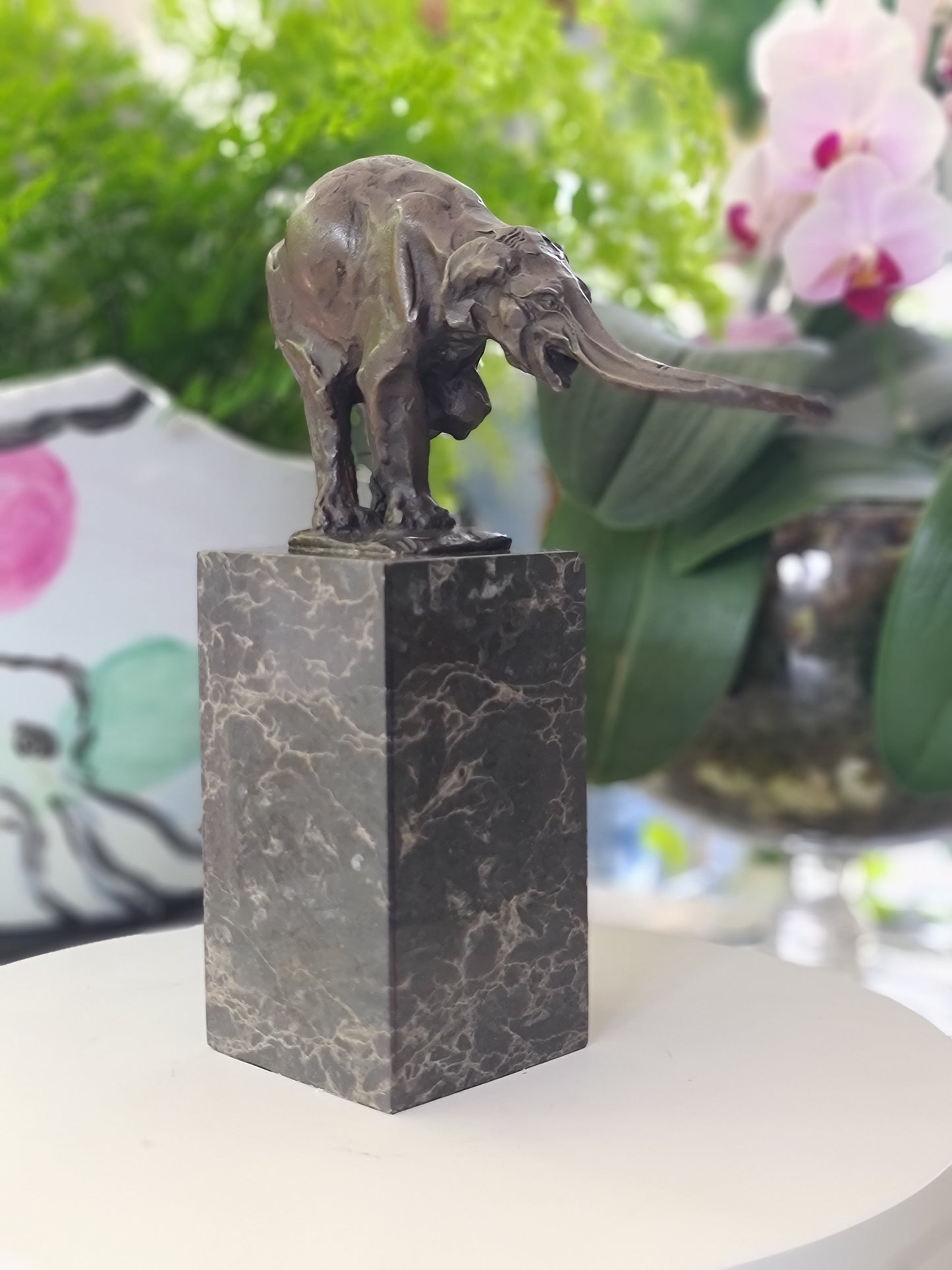 Elephant Figurine Bronze Sculpture: Art Dco Wildlife on Marble