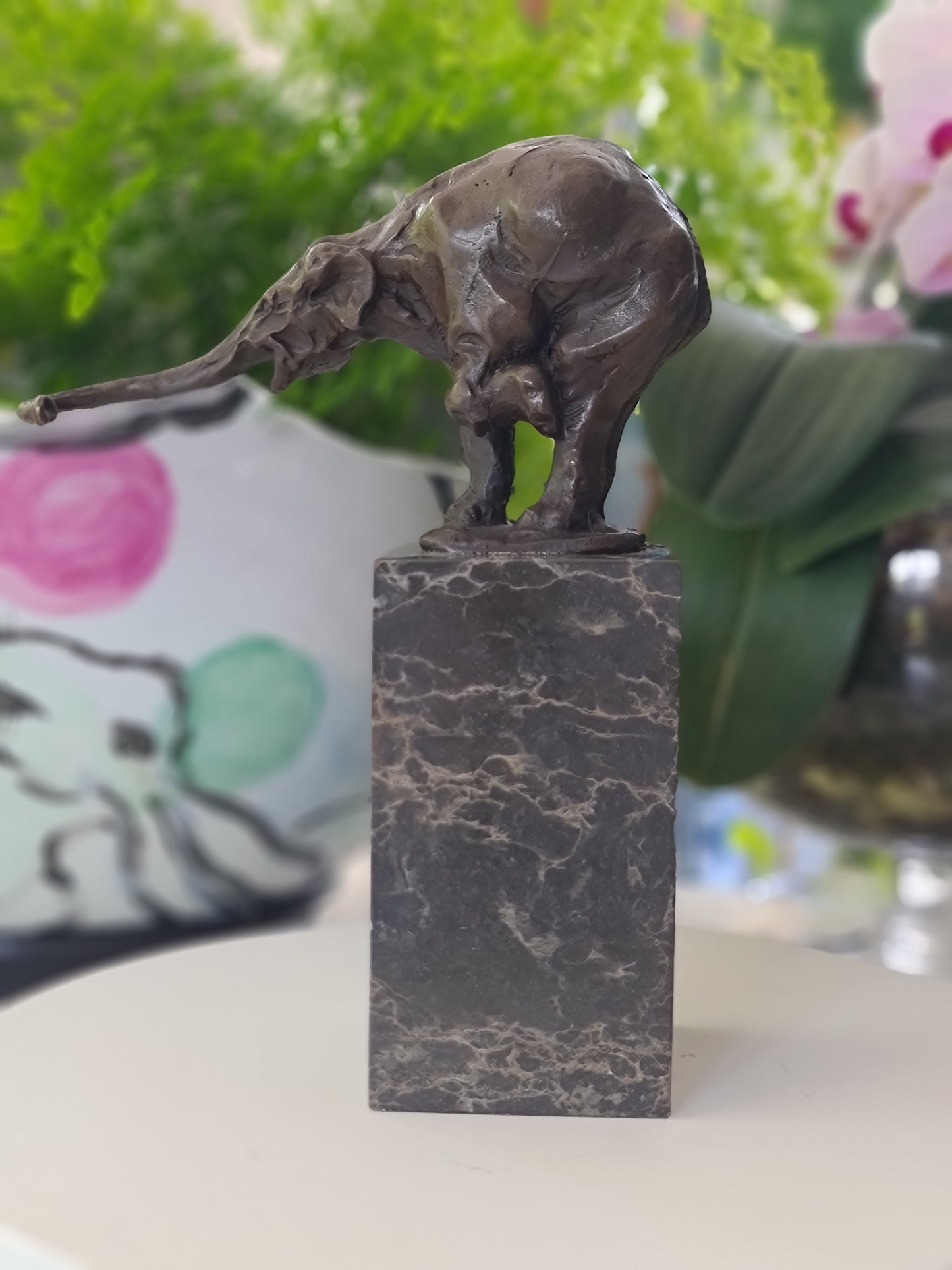 Elephant Figurine Bronze Sculpture: Art Dco Wildlife on Marble