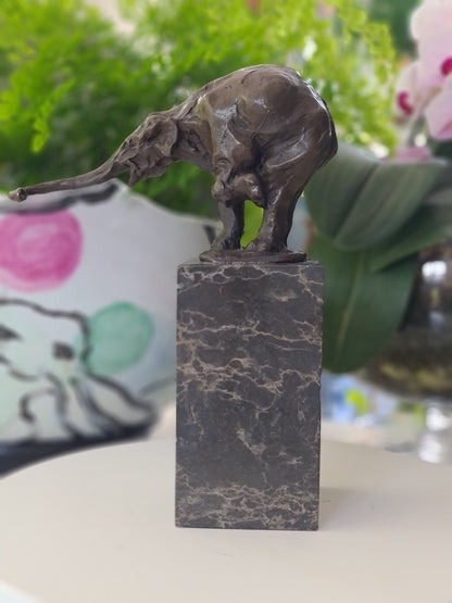 Elephant Figurine Bronze Sculpture: Art Dco Wildlife on Marble