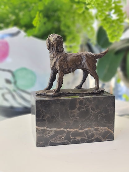 Spaniel Dog Solid Bronze Sculpture on Marble Base