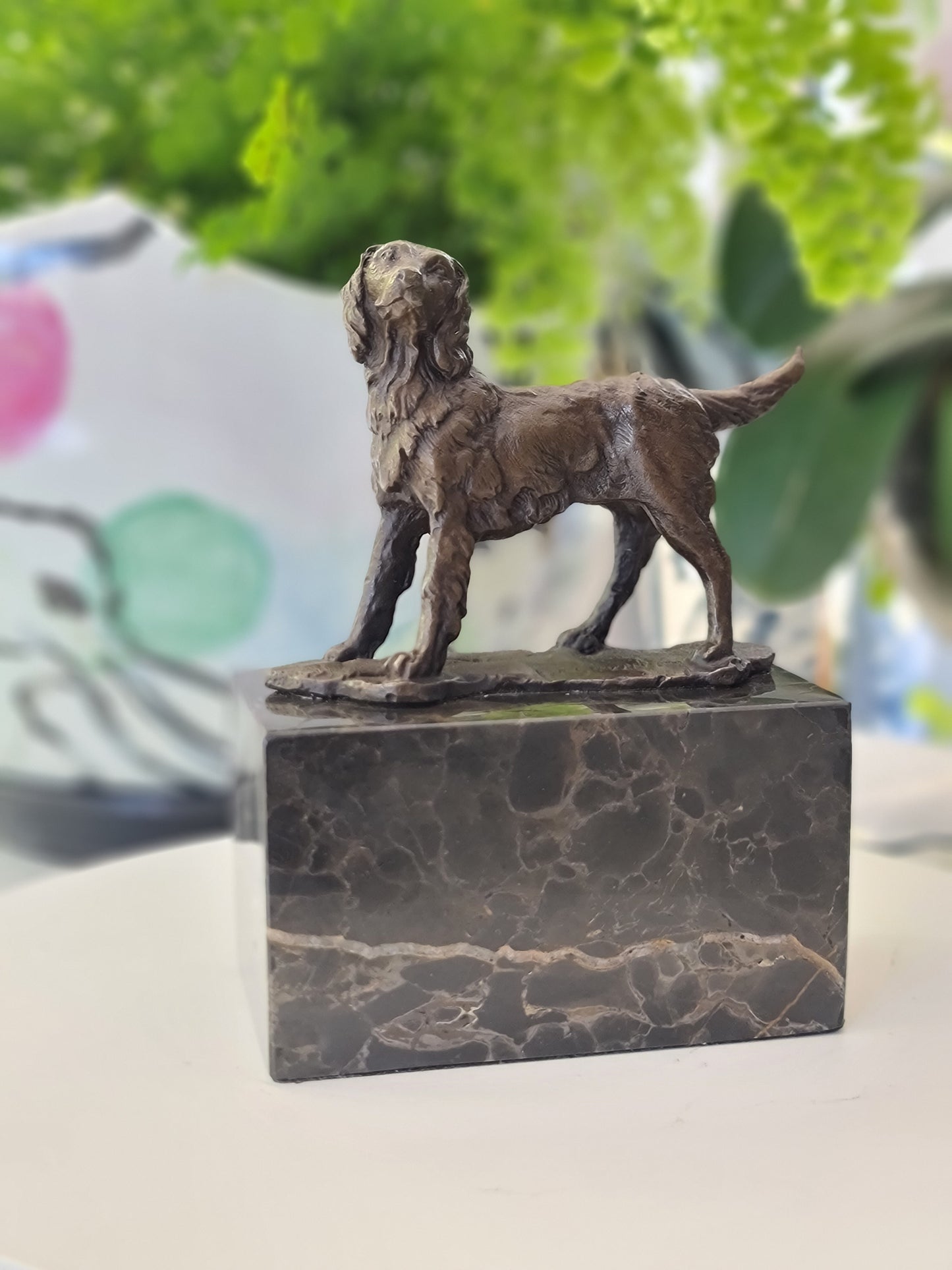 Spaniel Dog Solid Bronze Sculpture on Marble Base