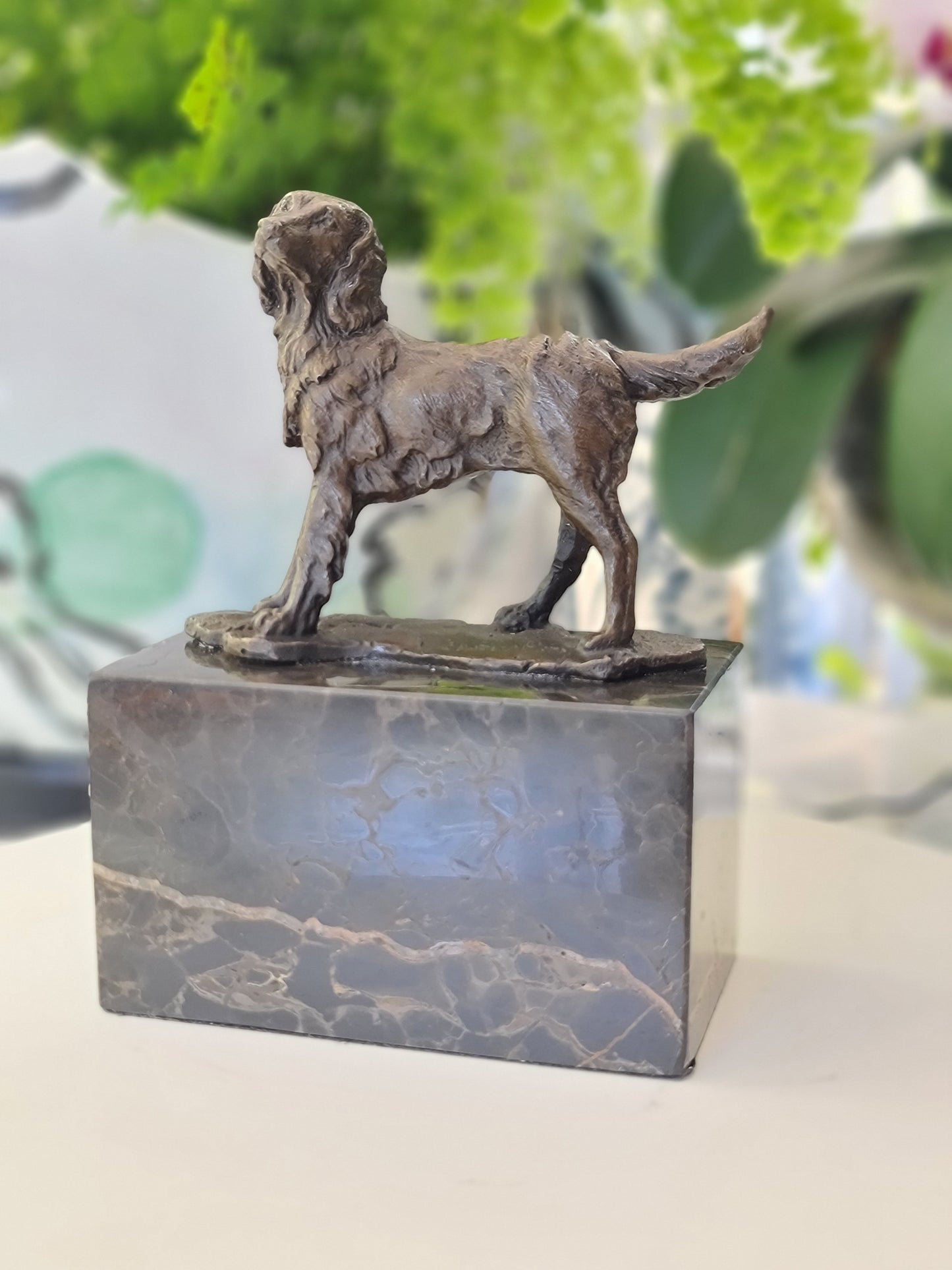 Spaniel Dog Solid Bronze Sculpture on Marble Base