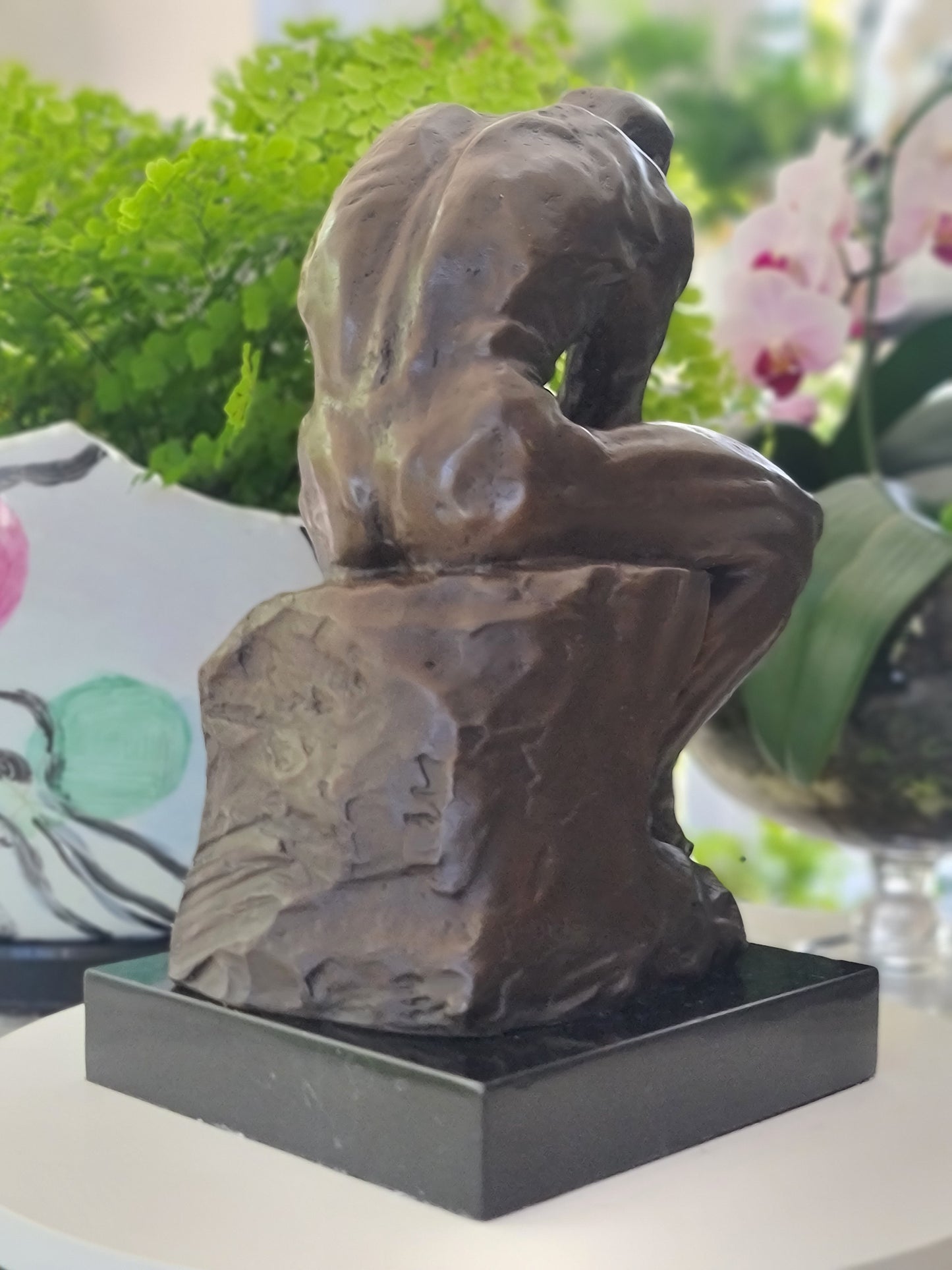 Elegant Bronze Marble Base Statue Rodin`s The Thinker Sculpture Art Figure.