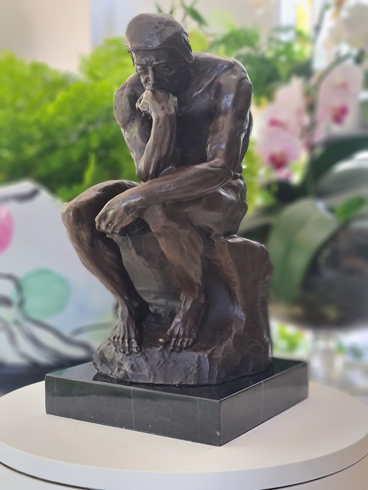 Elegant Bronze Marble Base Statue Rodin`s The Thinker Sculpture Art Figure.