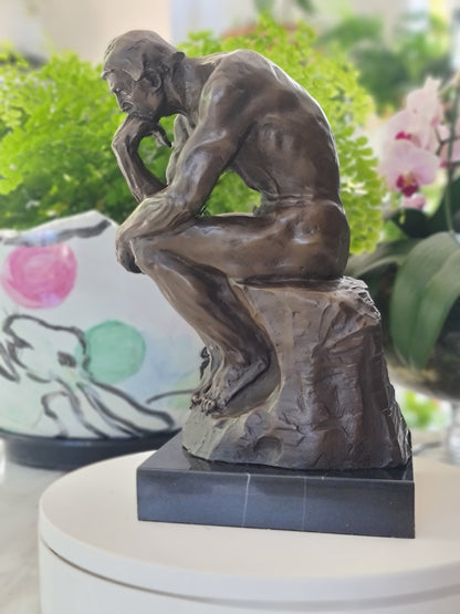 Elegant Bronze Marble Base Statue Rodin`s The Thinker Sculpture Art Figure.