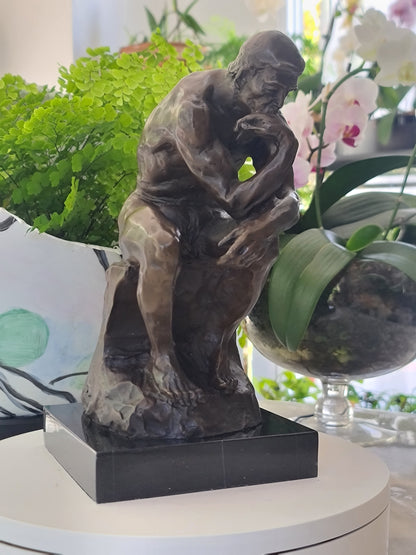 Elegant Bronze Marble Base Statue Rodin`s The Thinker Sculpture Art Figure.