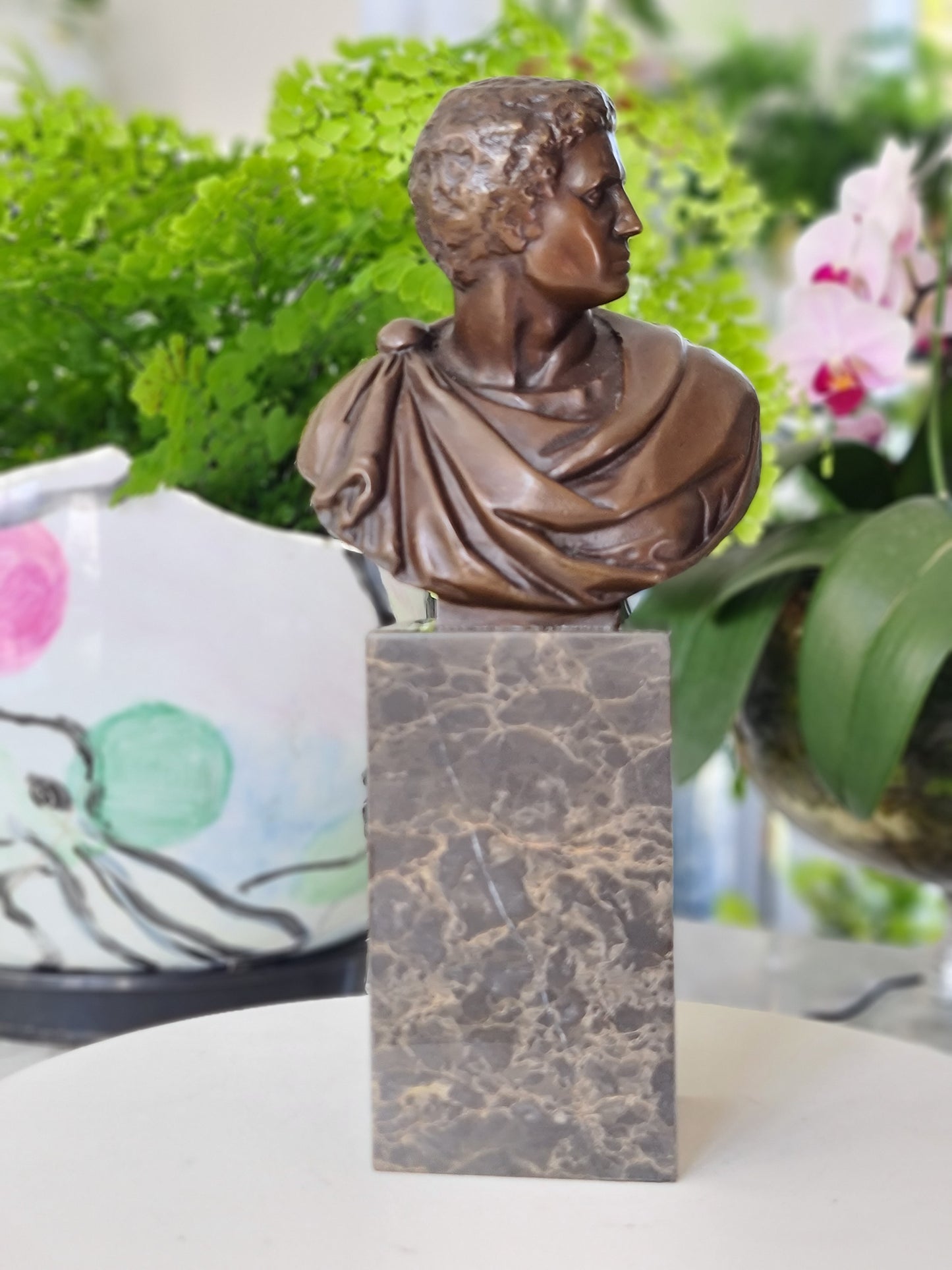 Bronze Sculpture of Caesar Augustus Bust on Marble Base