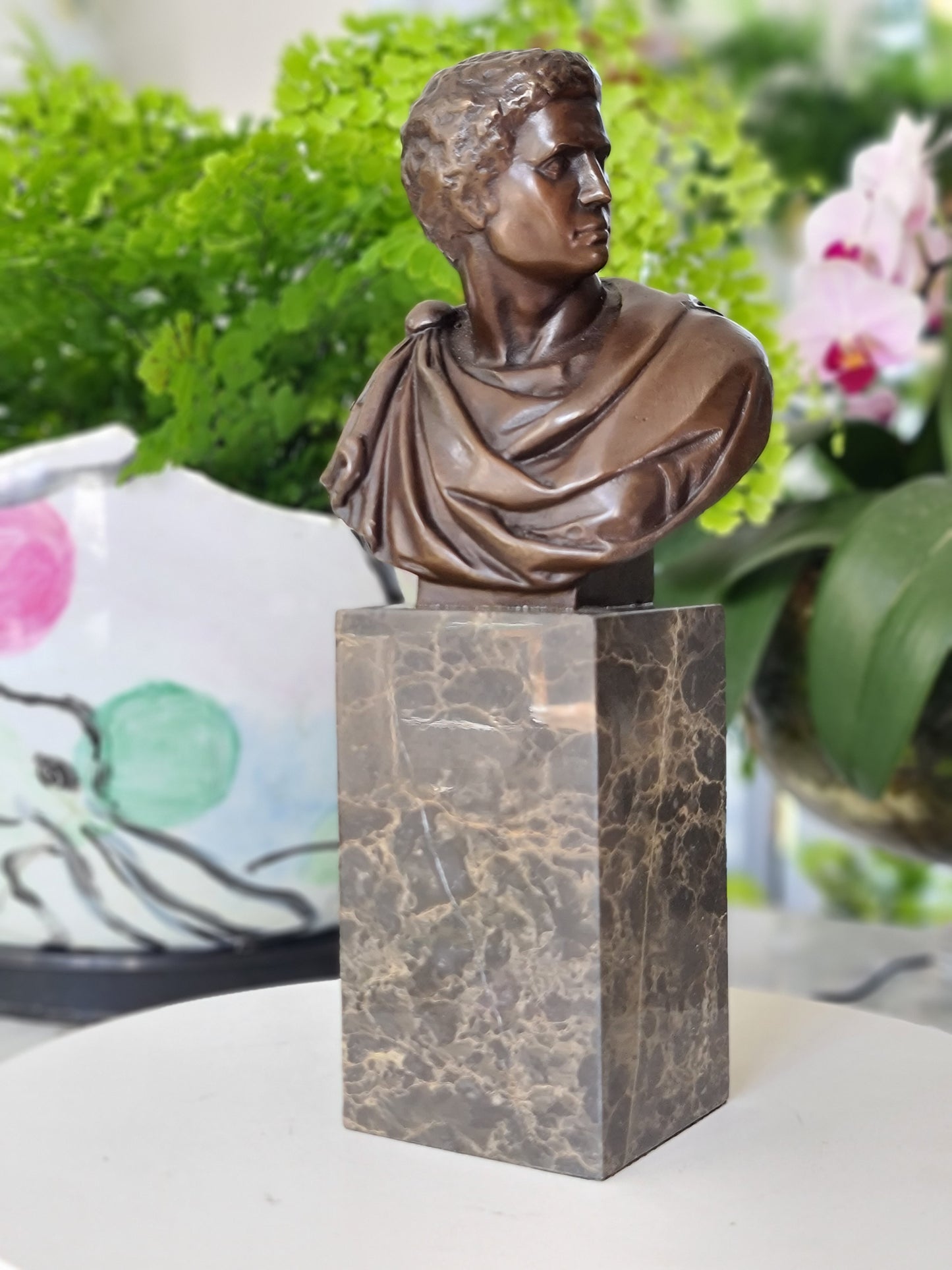 Bronze Sculpture of Caesar Augustus Bust on Marble Base