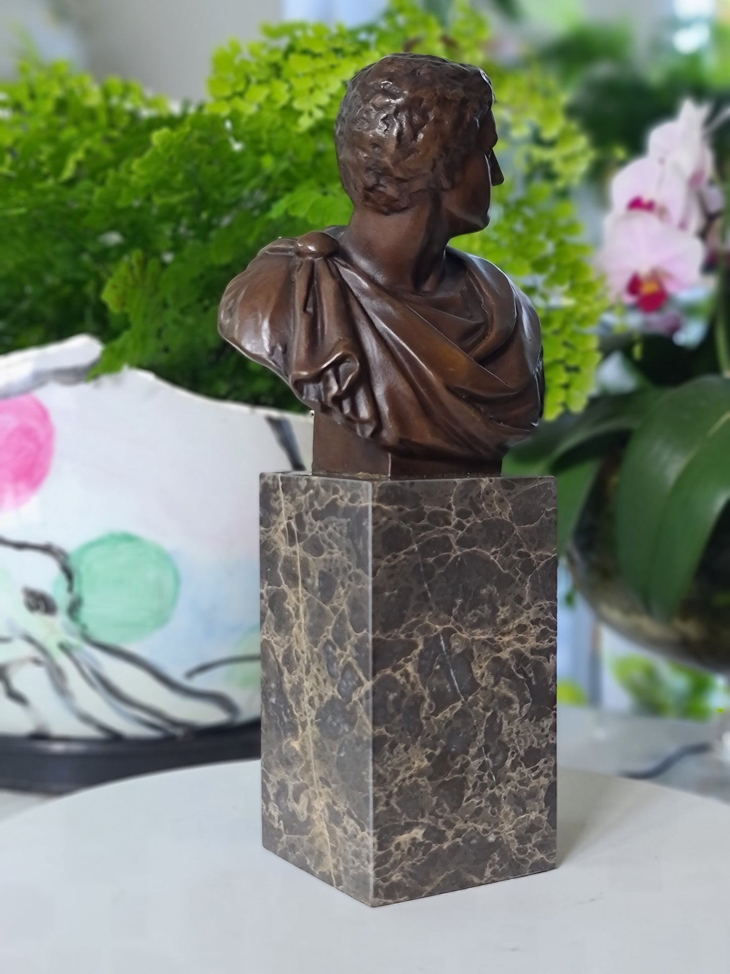 Bronze Sculpture of Caesar Augustus Bust on Marble Base