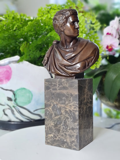 Bronze Sculpture of Caesar Augustus Bust on Marble Base