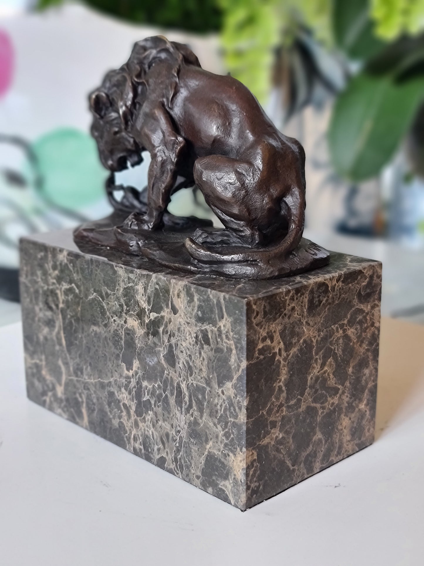 Snake & Lion Bronze Sculpture on marble base