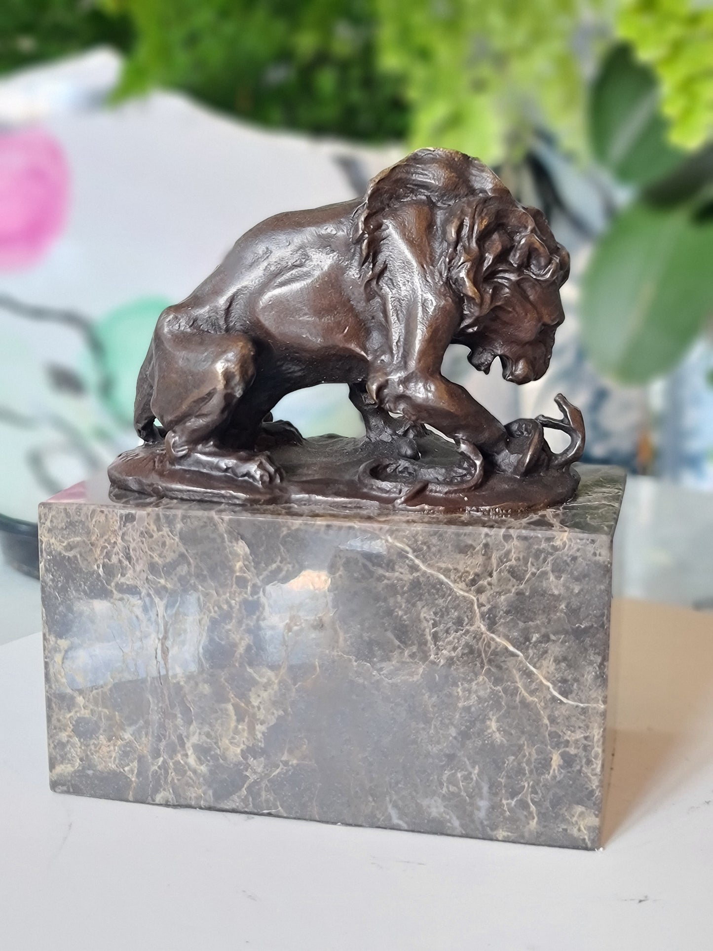 Snake & Lion Bronze Sculpture on marble base