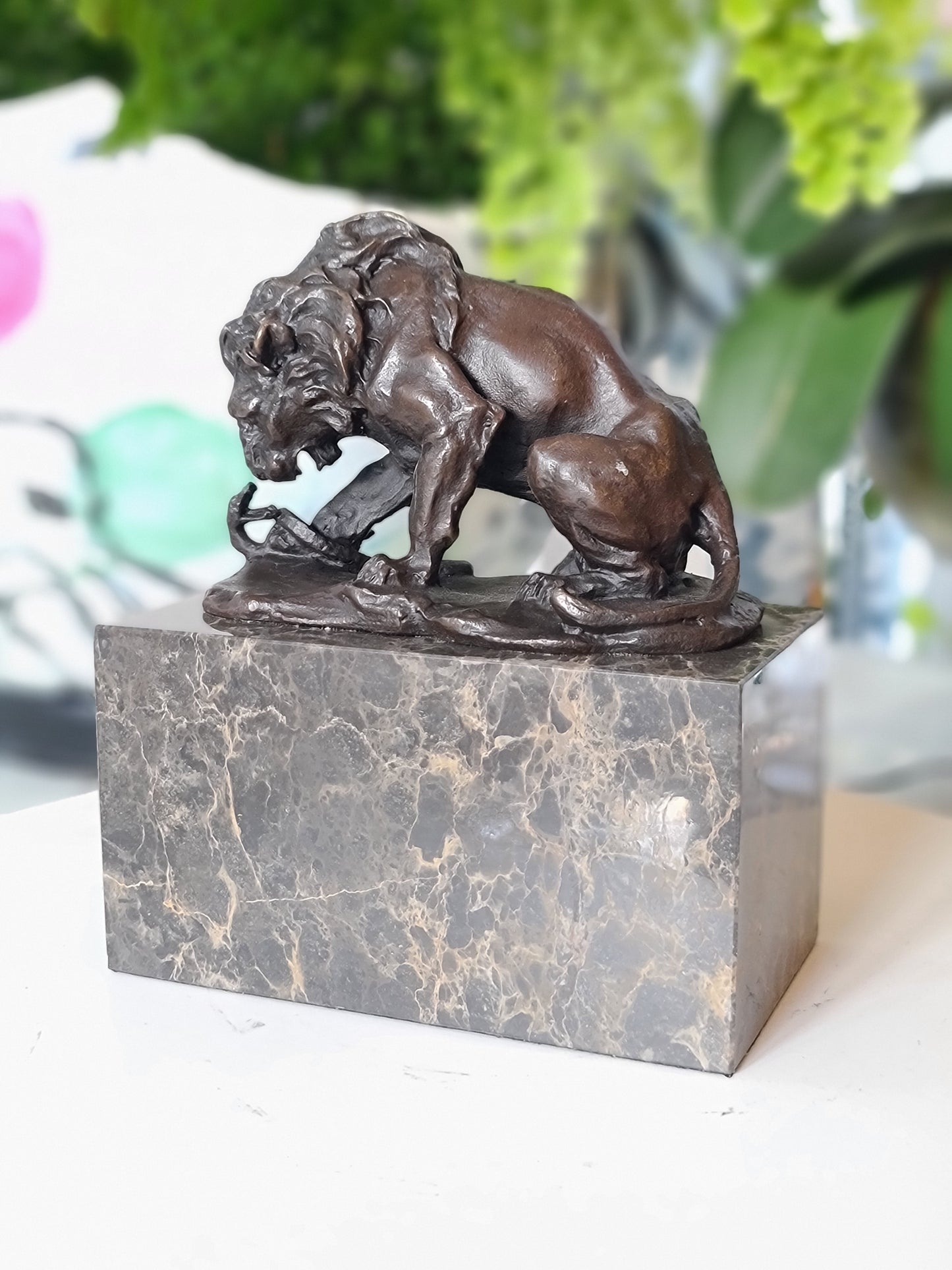 Snake & Lion Bronze Sculpture on marble base
