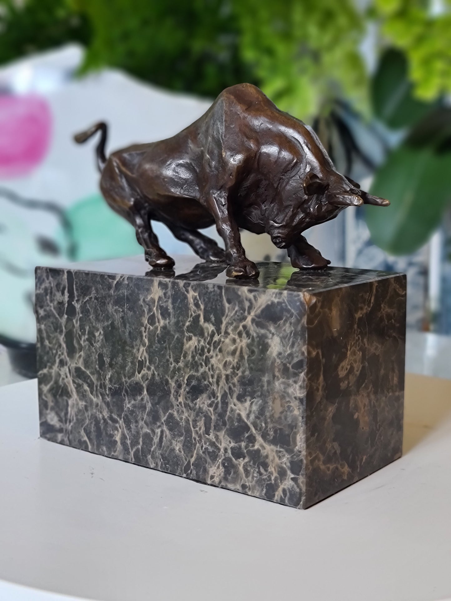  Bronze Statue Bull Fighting Sculpture on Marble Base
