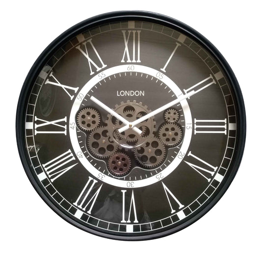 A round wall clock with black casing and white Roman numerals, featuring a gear mechanism in the center and the word 'LONDON' at the top.