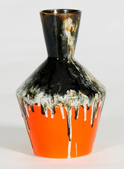 Medium Textured Vintage Black and Orange Vase, Drip Painting