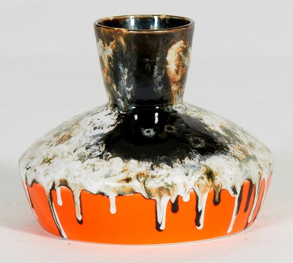 Small Geometric Textured Vintage Black and Orange Vase, Drip Painting
