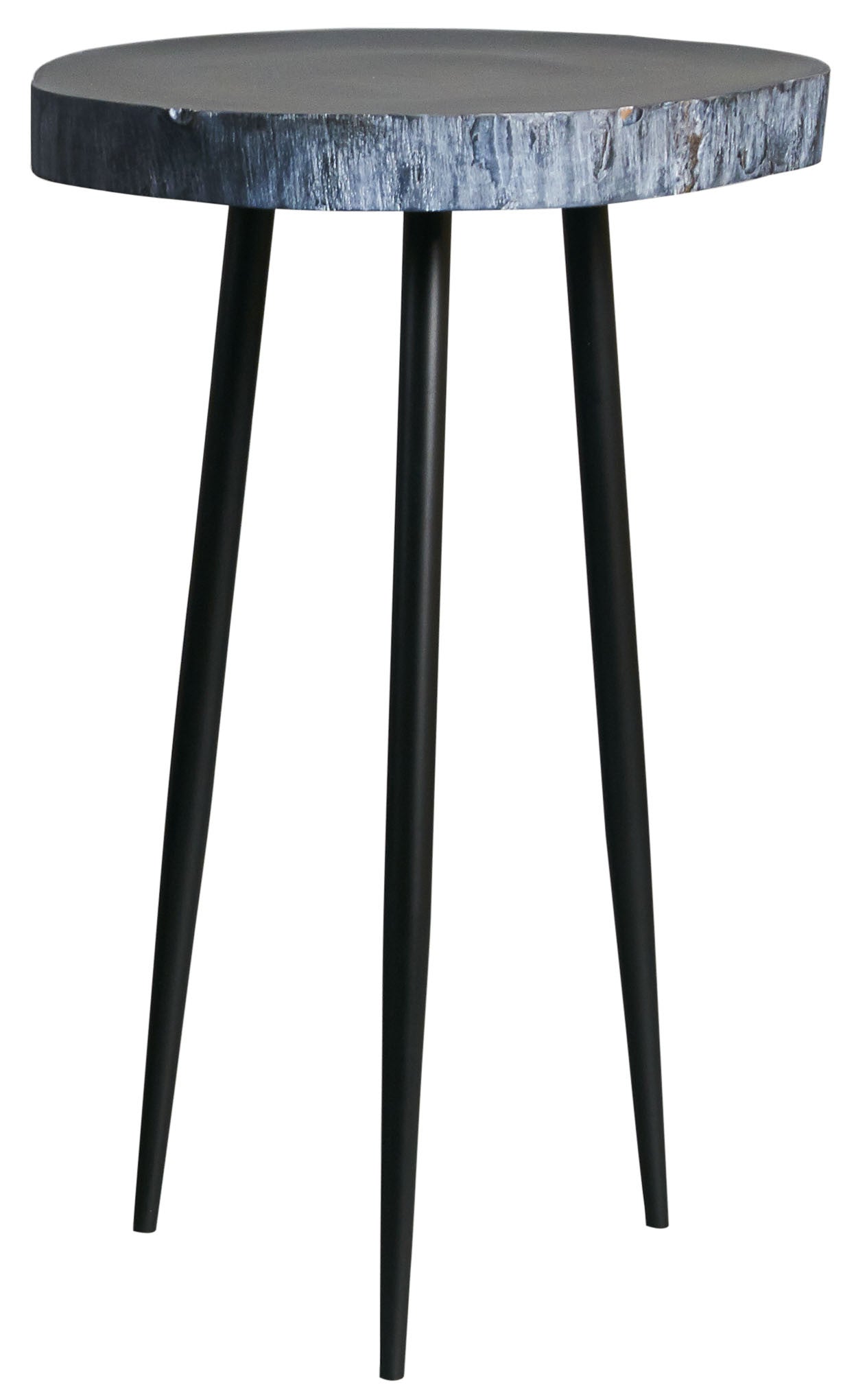 High Black Wood Slab Side Table With Metal Legs