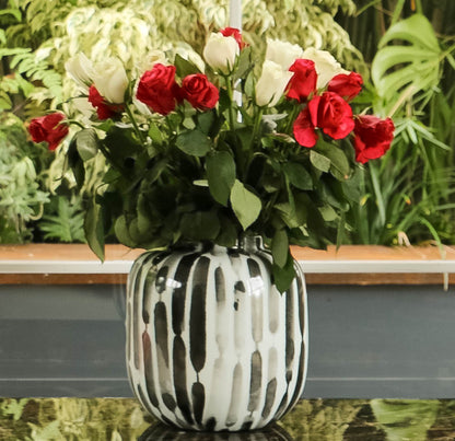 Hand painted-Black and White Vase with Vertical Pattern