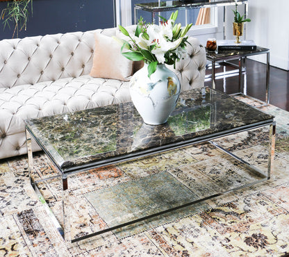 Hemin Mirror Polished Stainless Steel Coffee Table with Brown Marble Top (Pick up only)