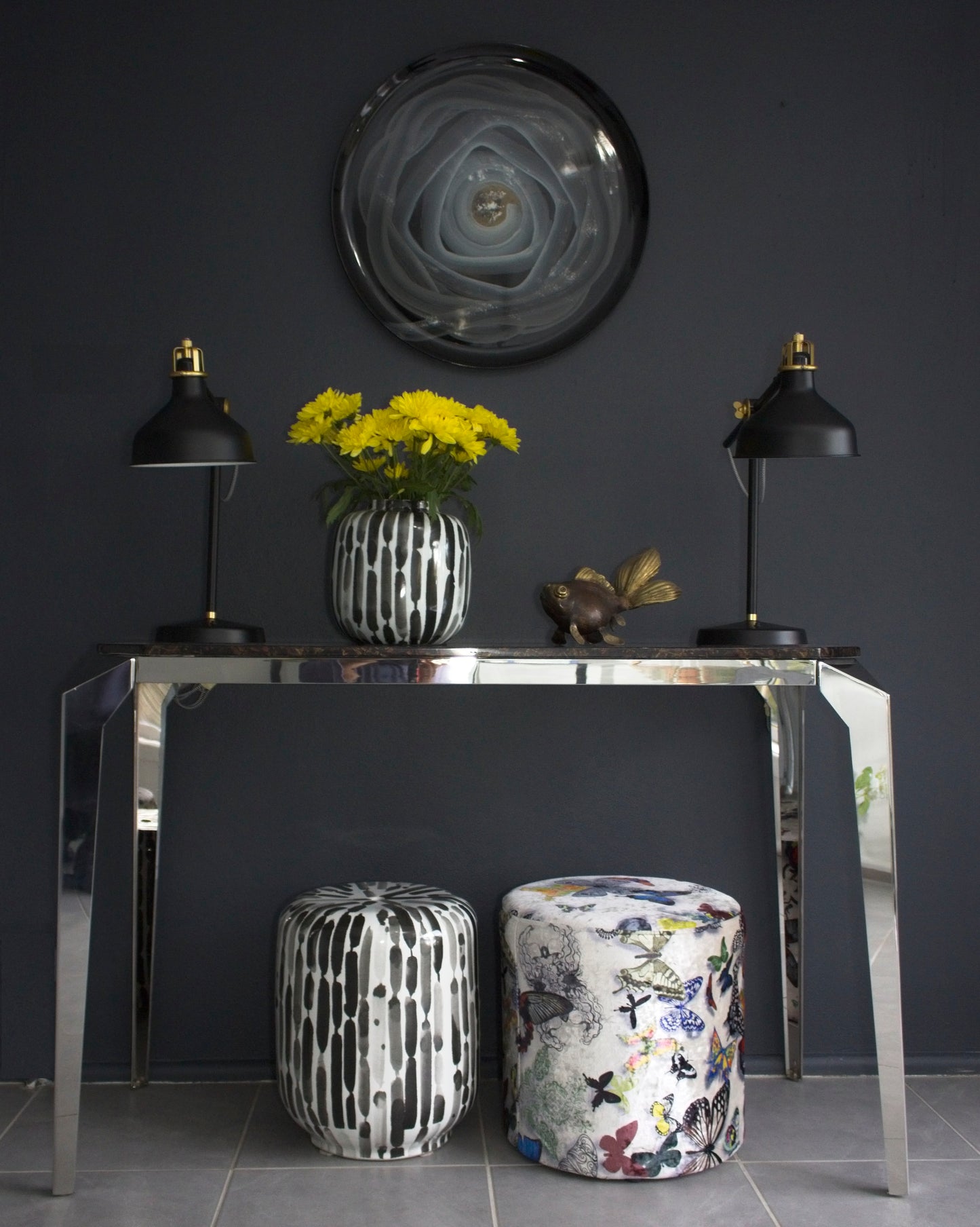 Hand painted-Black and White Vase with Vertical Pattern