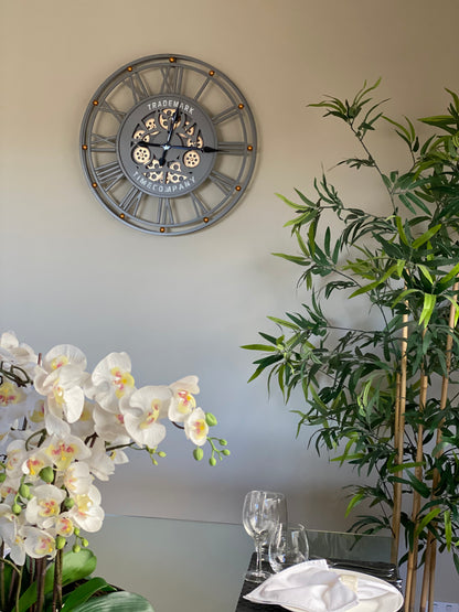 TRADEMARK 60.5  Cm Grey & Gold Roman Numeral Moving Gear Wall Clock
