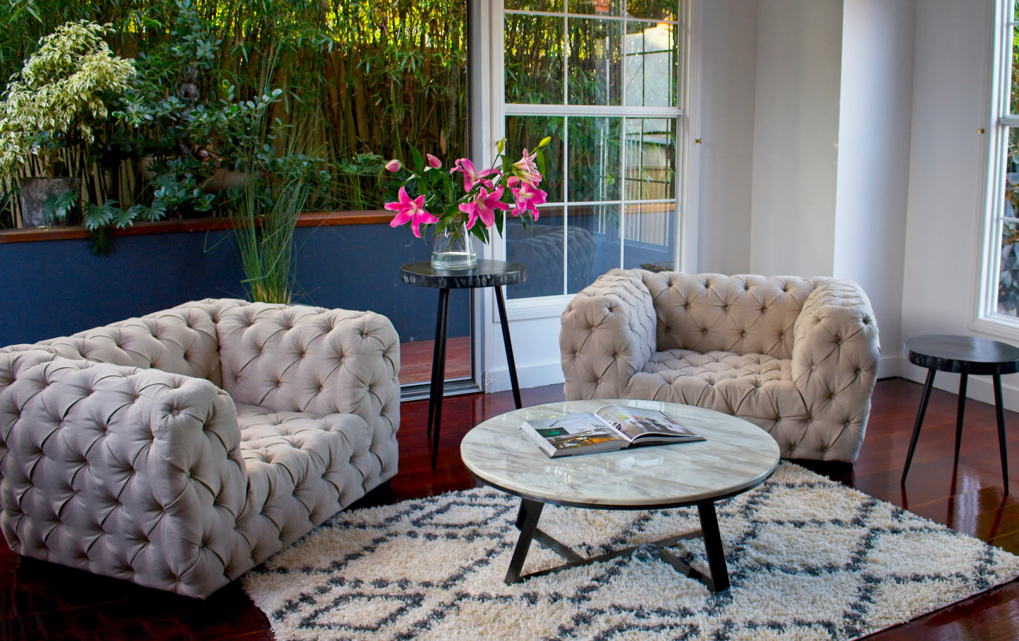 Medium Black Wood Slab Side Table with Metal Legs
