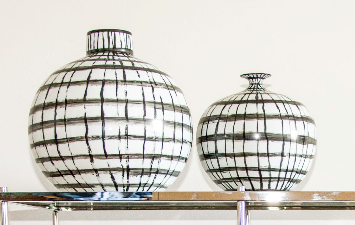 Large Hand painted Graphic Black and White Strips Vase