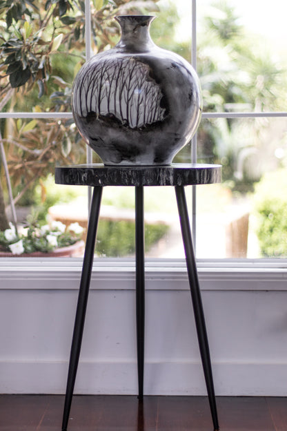 High Black Wood Slab Side Table With Metal Legs