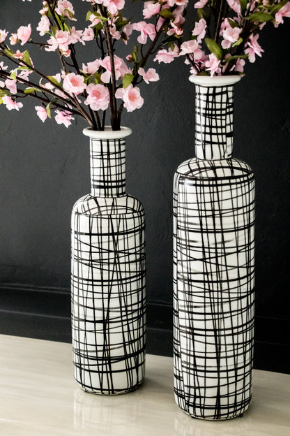X-Tall Hand printed Vase, Graphic black & white pattern