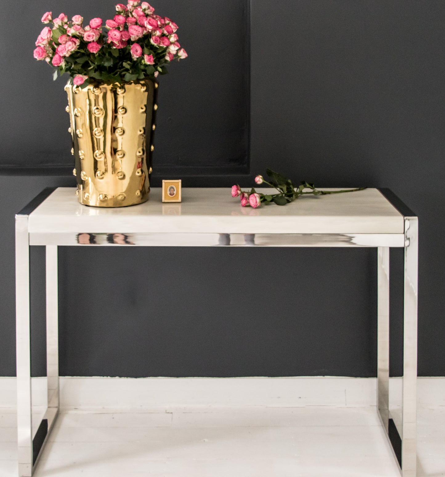 Dara Mirror Stainless Steel Console with White Marble Top (Pick up only)