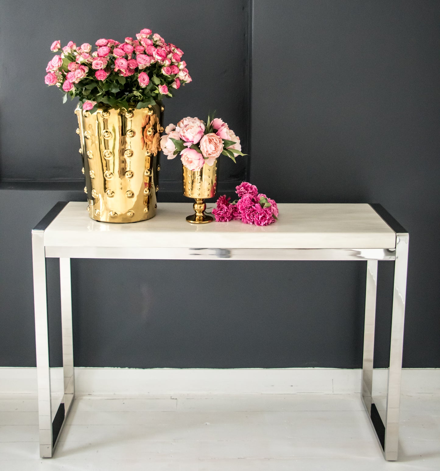 Dara Mirror Stainless Steel Console with White Marble Top (Pick up only)