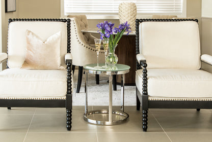 Tela Polished Stainless Steel Side Table with White or Clear Tempered Glass Top