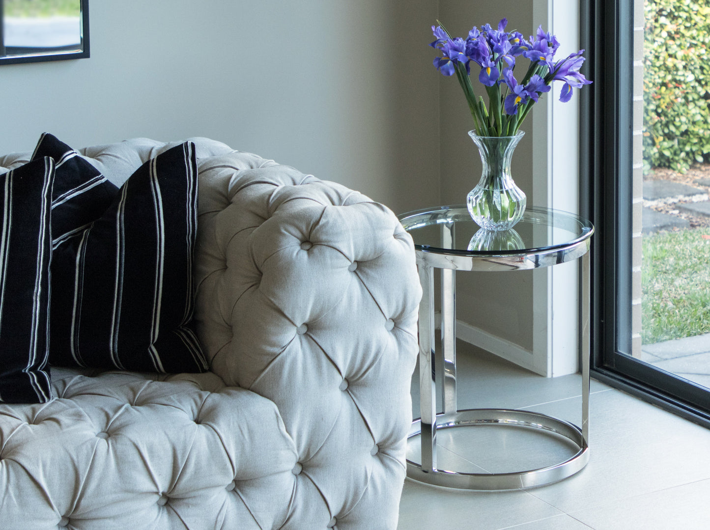 Tela Polished Stainless Steel Side Table with White or Clear Tempered Glass Top