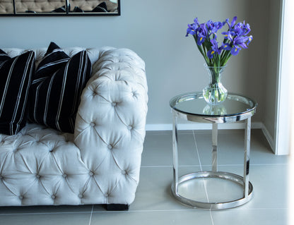 Tela Polished Stainless Steel Side Table with White or Clear Tempered Glass Top