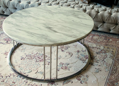 Daryan Mirror Polished Stainless Steel Coffee Table with White Marble Top (pick up only , Display item )