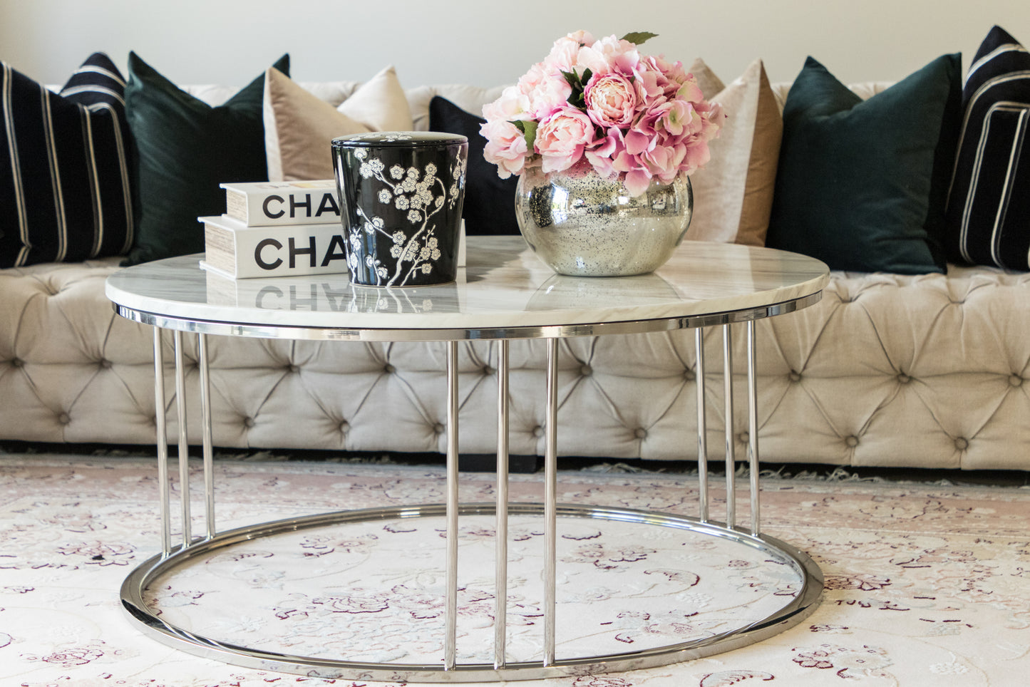 Daryan Mirror Polished Stainless Steel Coffee Table with White Marble Top (pick up only , Display item )