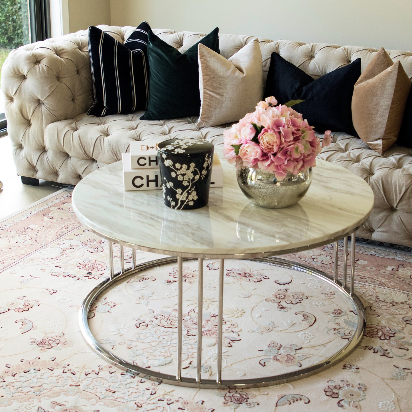 Daryan Mirror Polished Stainless Steel Coffee Table with White Marble Top (pick up only , Display item )