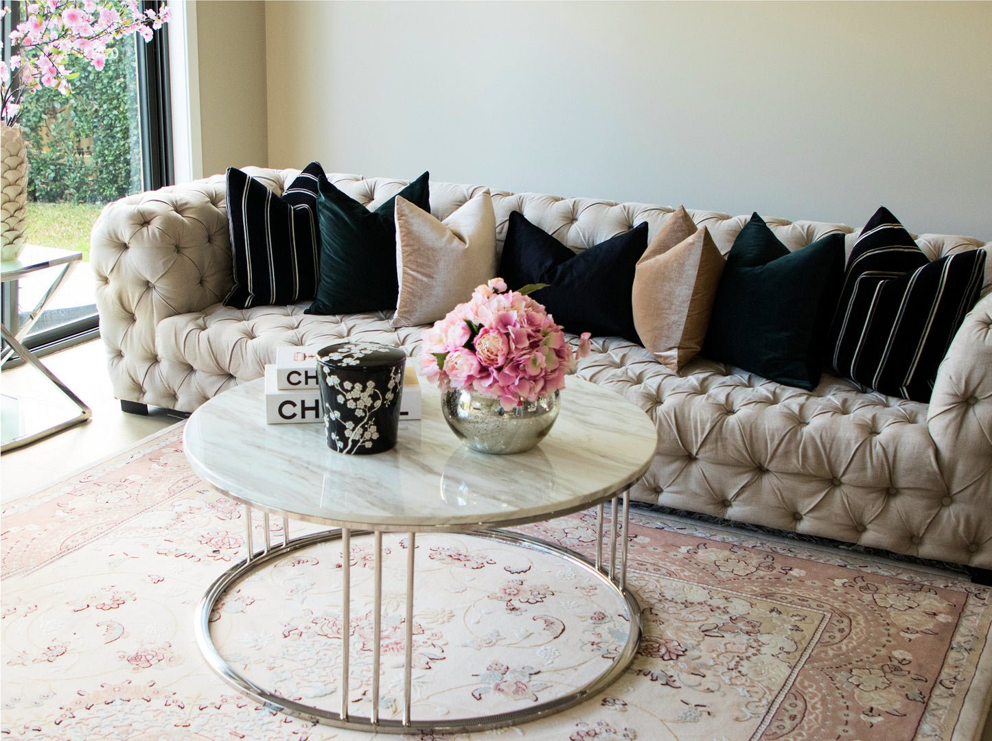 Daryan Mirror Polished Stainless Steel Coffee Table with White Marble Top (pick up only , Display item )