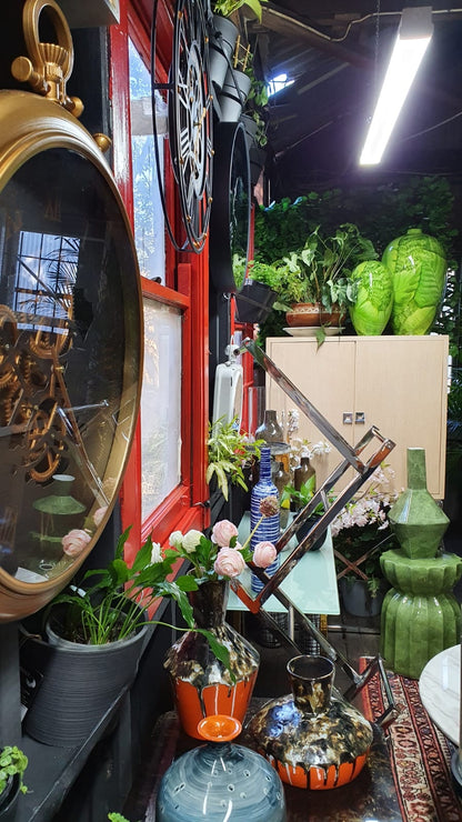 Small Geometric Textured Vintage Black and Orange Vase, Drip Painting