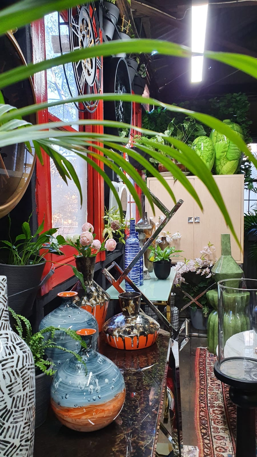 Small Geometric Textured Vintage Black and Orange Vase, Drip Painting