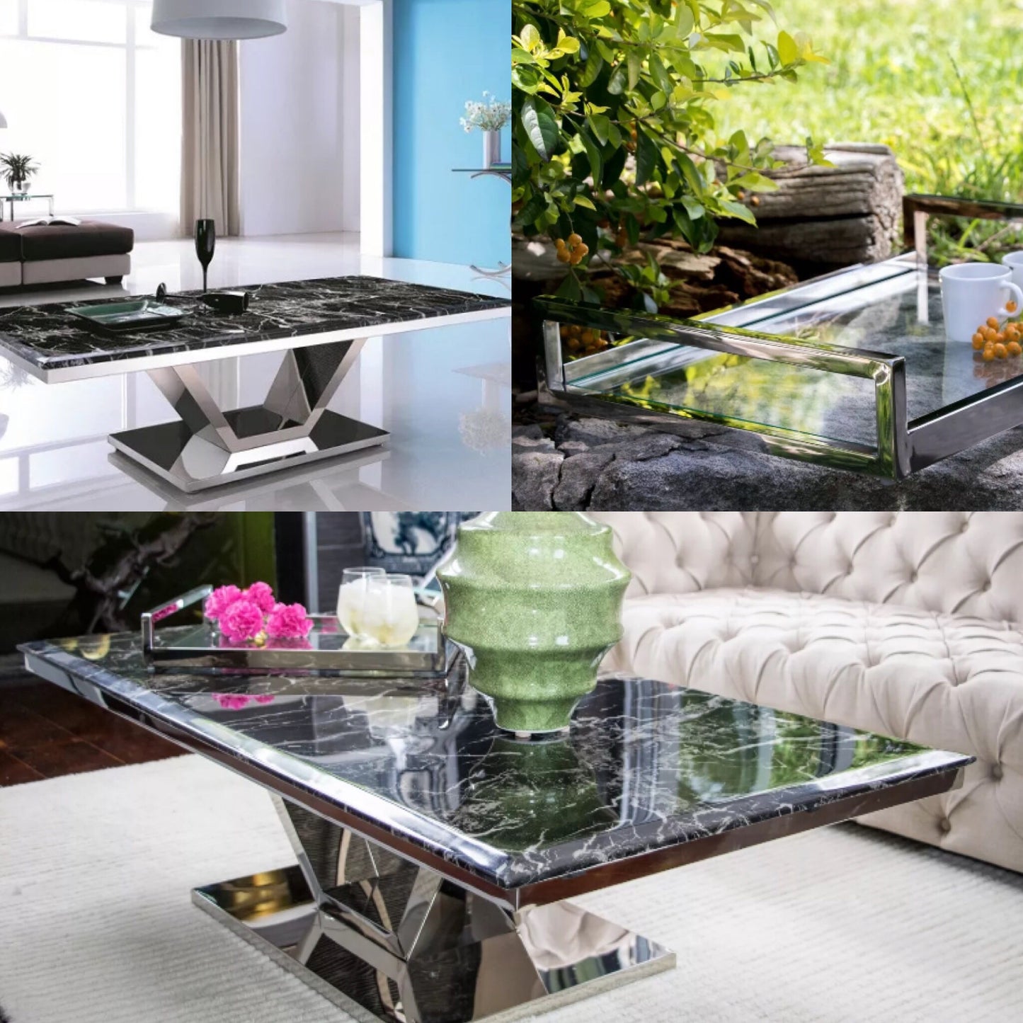 Zivan Polished Stainless Steel Coffee Table With Marble Top (Pick up only)