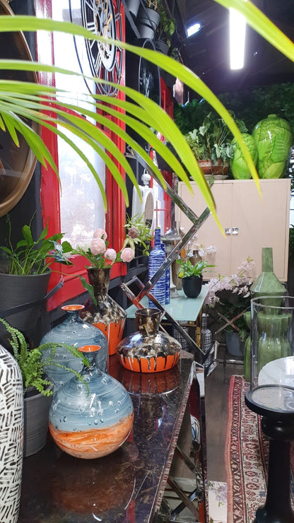 Small Geometric Textured Vintage Black and Orange Vase, Drip Painting